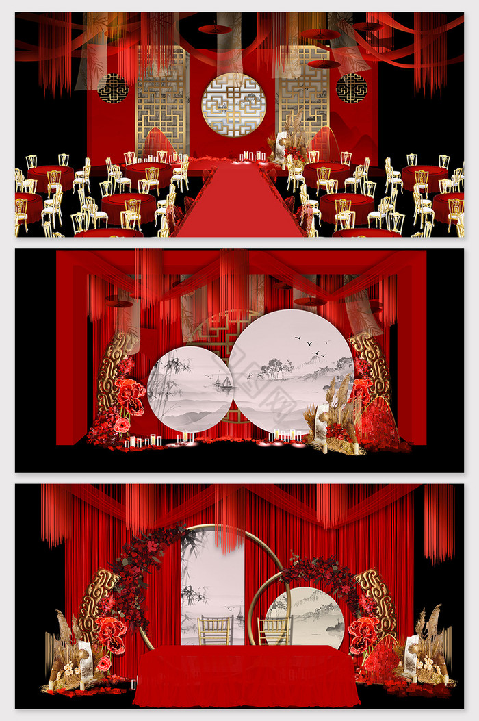 新中式红色大气婚礼场景布置效果图图片