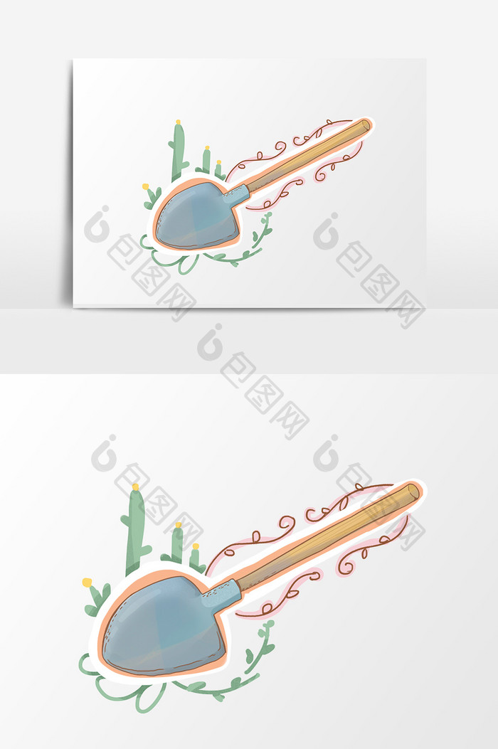 手绘卡通小清新蓝色木柄铁锹小元素