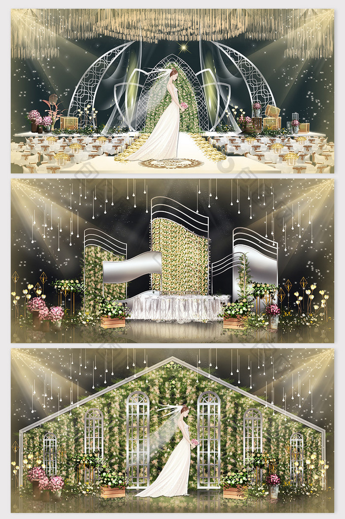 清新唯美浪漫草绿色鲜花拱门婚礼效果图
