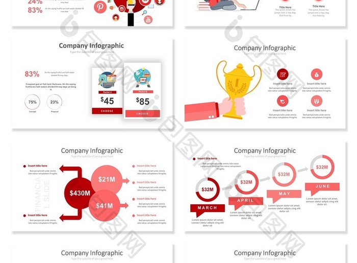 40页红色微立体信息可视化PPT图表