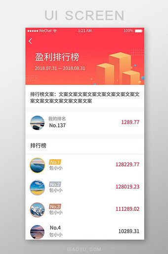 红色时尚渐变盈利排行榜UI移动界面图片