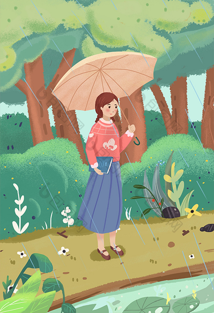 清新唯美雨季春天绿色女孩撑伞插画