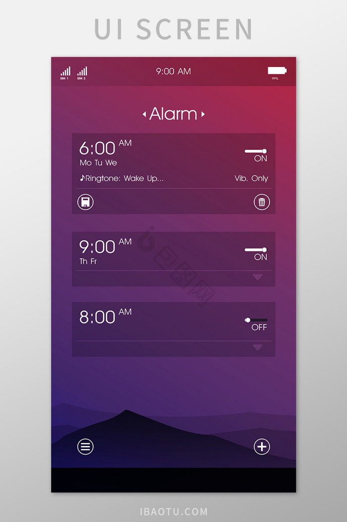 紫红渐变闹钟设置手机移动UI矢量素材图片