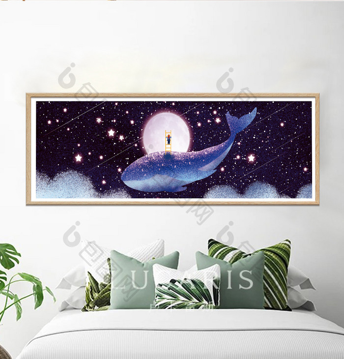 手绘夜晚月亮下的鲸鱼风景儿童房卧室装饰画