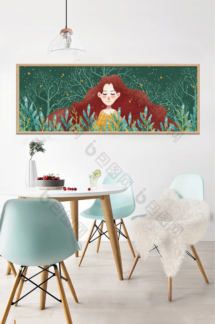 手绘丛林植物女孩风景儿童房卧室装饰画