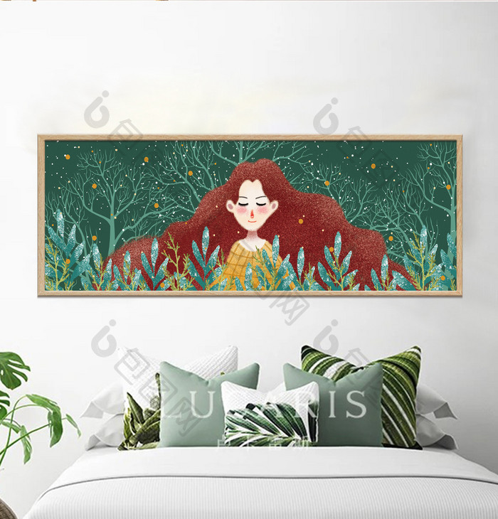 手绘丛林植物女孩风景儿童房卧室装饰画