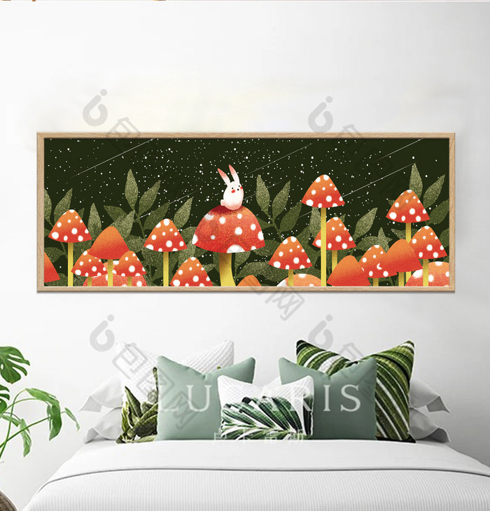 手绘森林蘑菇兔子风景儿童房床头装饰画