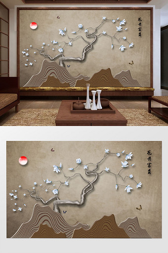 山水水墨玉兰花鸟背景墙装饰画图片