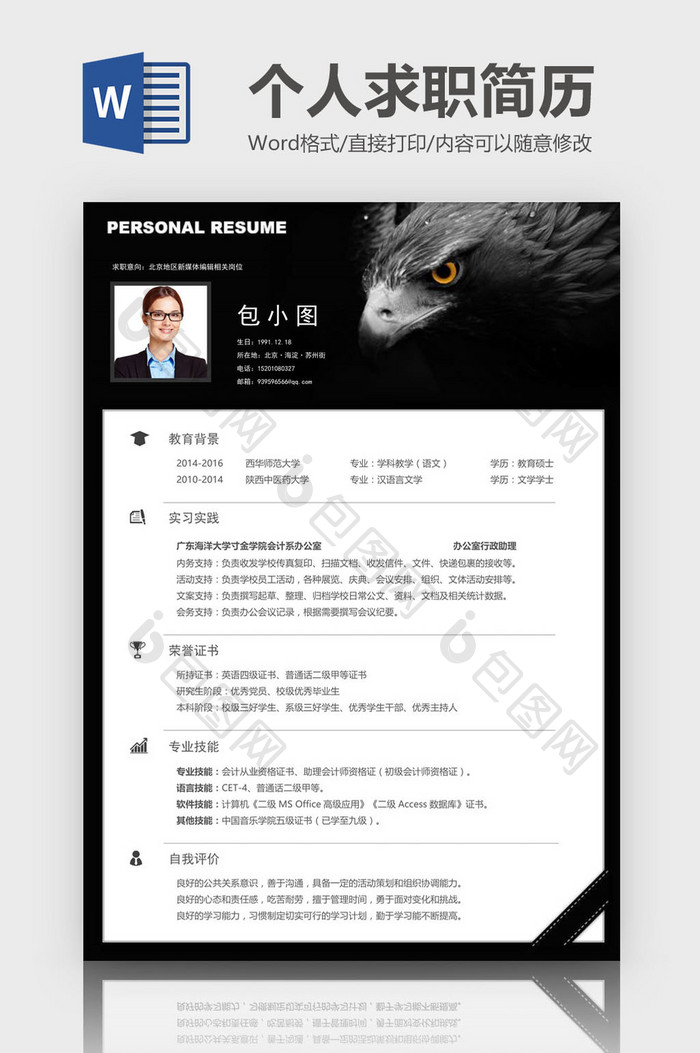 鹰背景样式简历Word模板