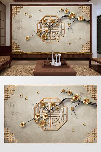 中式大气金色花朵花枝鸟竹子窗格背景墙图片
