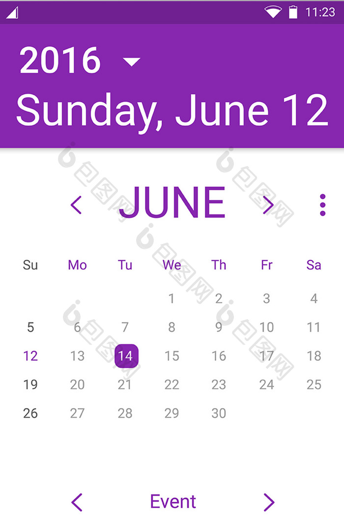 紫色日历移动界面UI矢量素材 紫色 日历