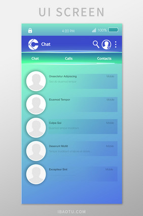 蓝色渐变联系人列表移动界面UI矢量素材