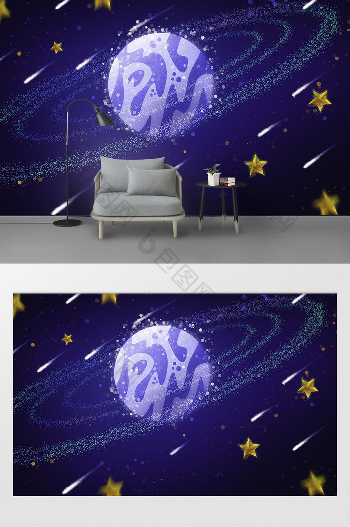 手绘梦幻宇宙太空星球电视背景墙图片图片