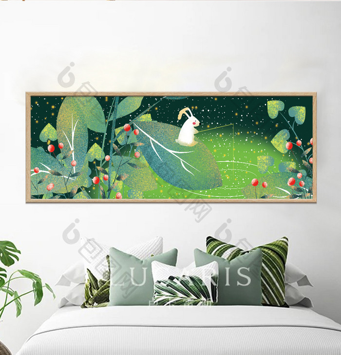 手绘森林植物钓鱼的兔子风景儿童房装饰画