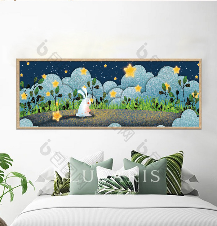 手绘捡星星的兔子风景儿童房卧室装饰画