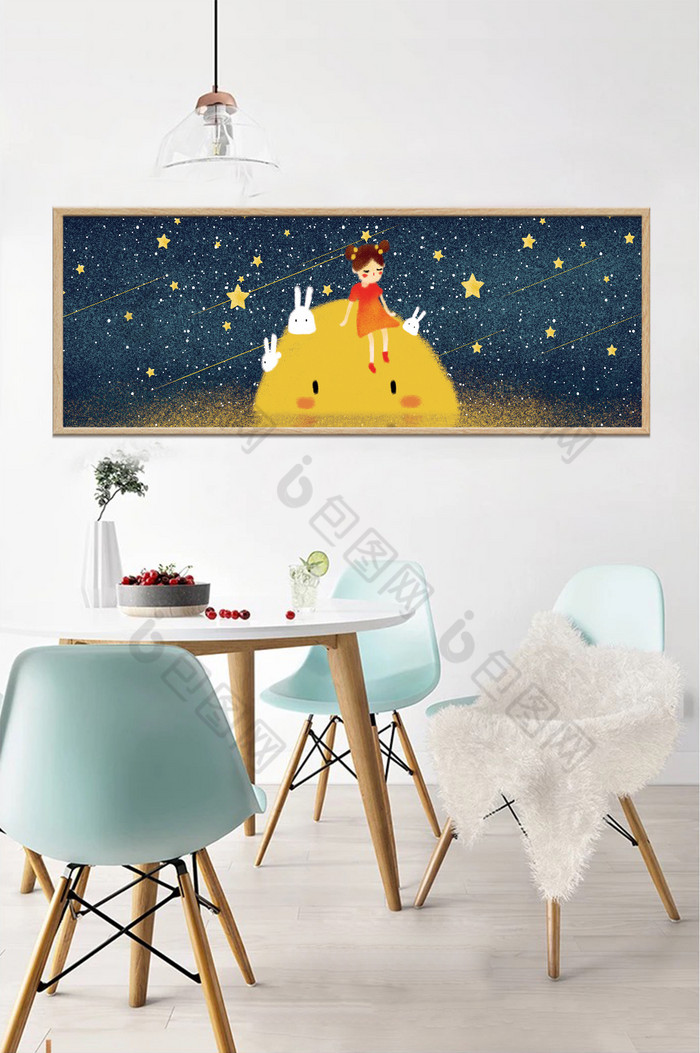 手绘月亮上的女孩风景儿童房卧室床头装饰画图片图片