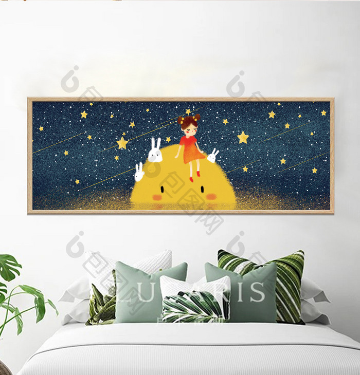 手绘月亮上的女孩风景儿童房卧室床头装饰画