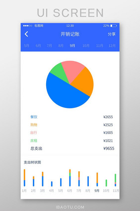 蓝色扁平简约理财记账UI手机界面