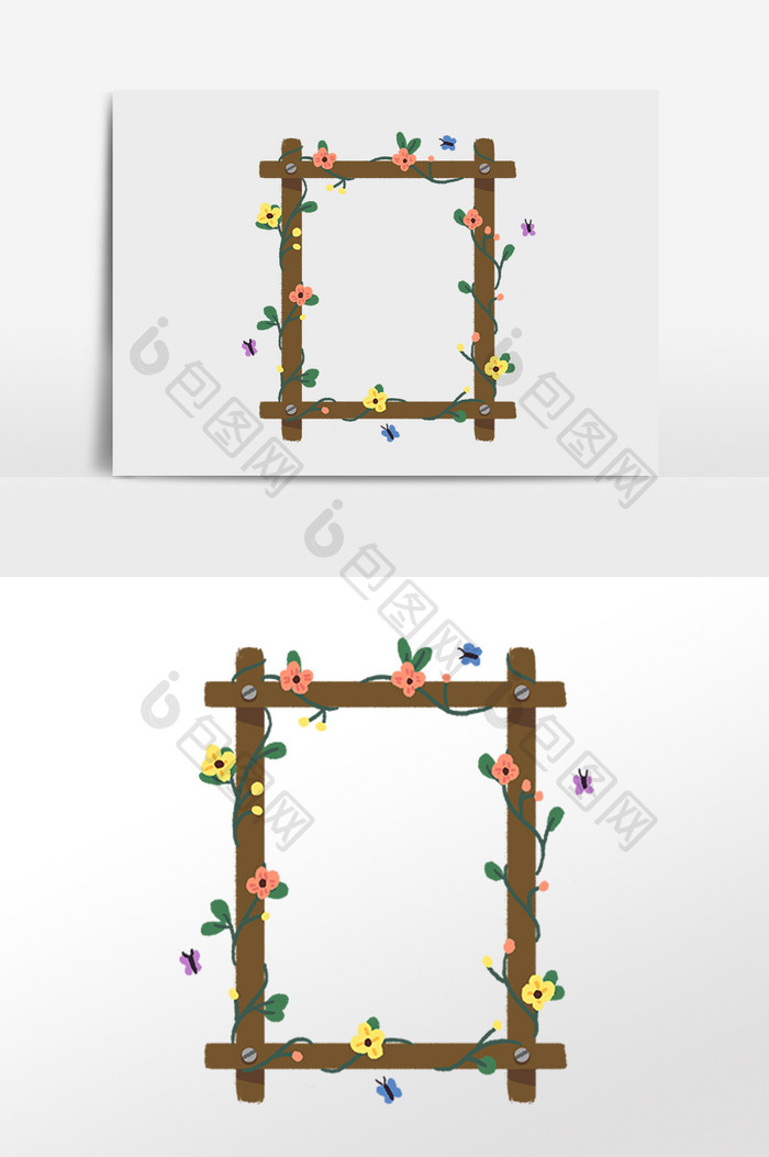 手绘春季木质花朵边框插画