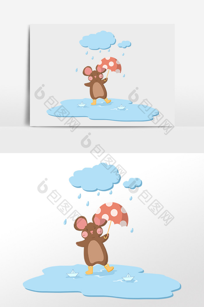 手绘春季雨季小动物打伞插画