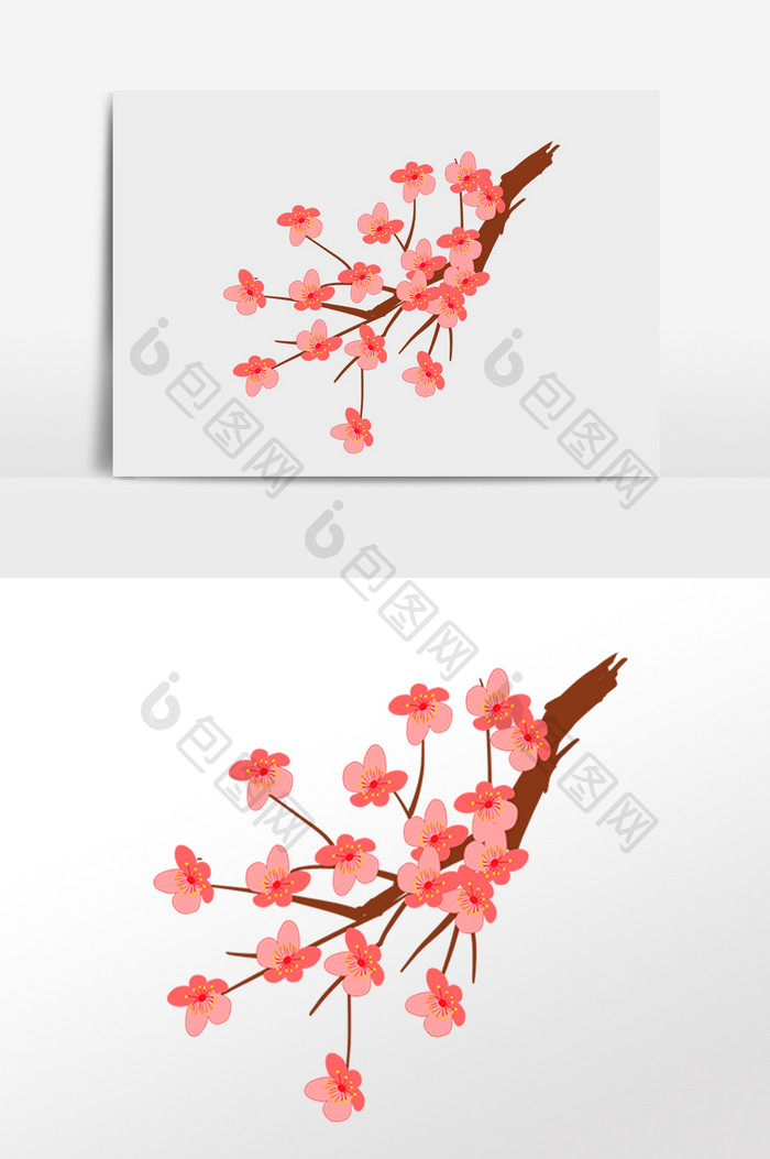 手绘春天红色樱花枝植物插画