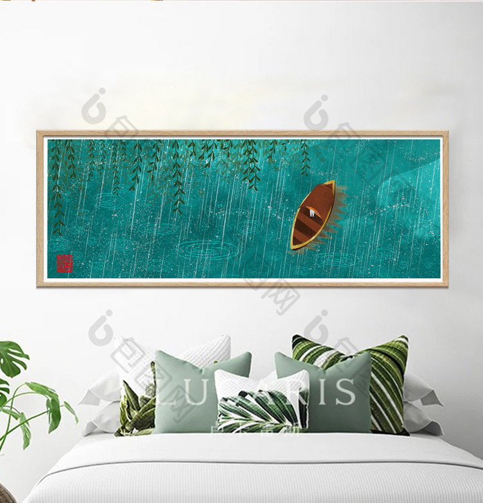 手绘湖面上的木船风景餐厅卧室床头装饰画