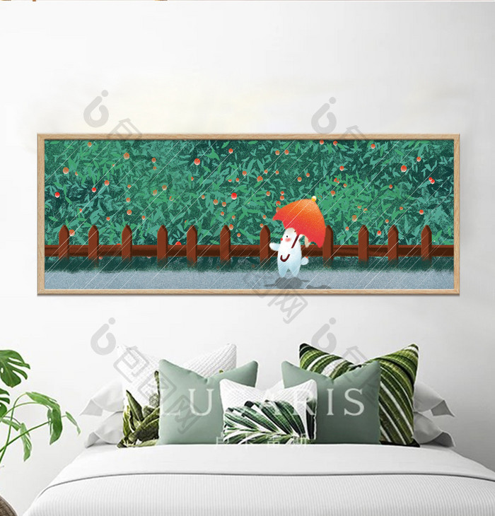 手绘篱笆打伞的兔子风景儿童房卧室装饰画