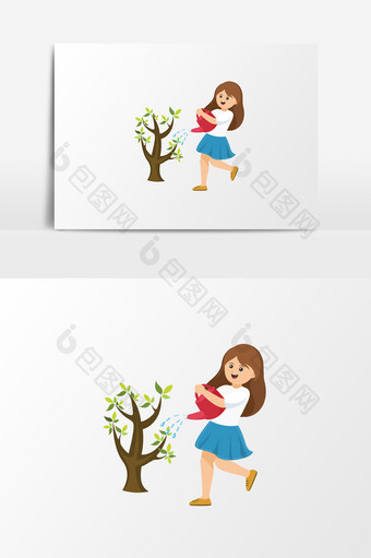 卡通扁平简约女孩浇水树木春天通用元素图片