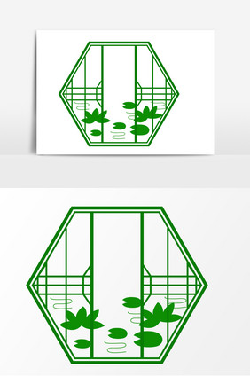 手绘窗子荷花装饰元素