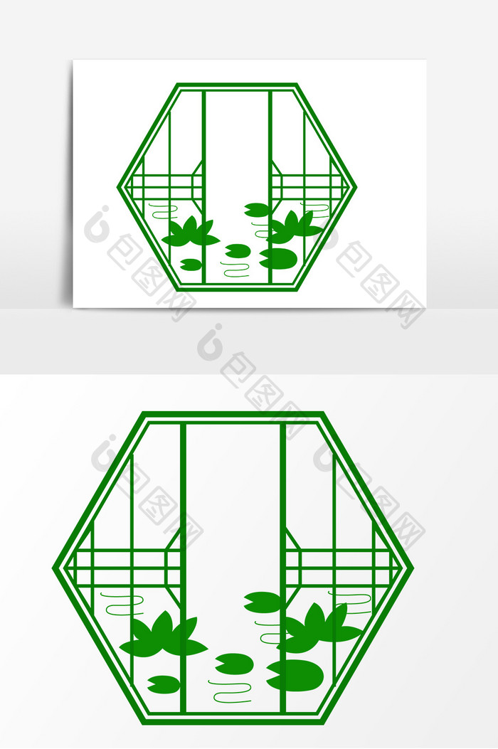 手绘窗子荷花装饰元素