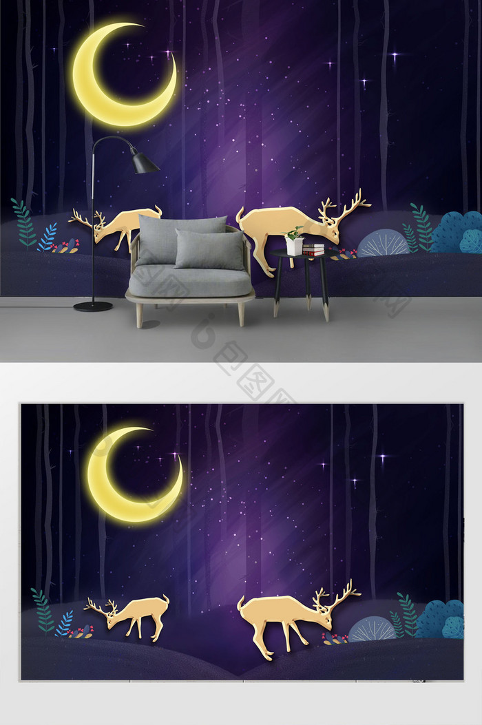 现代卡通儿童房紫色梦幻森林月亮麋鹿背景墙