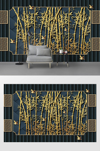 新现代简约立体金箔手绘竹子飞鸟背景墙图片