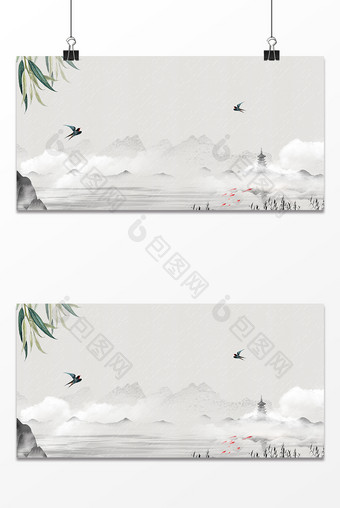 清明节中国风水墨山水燕子背景图片