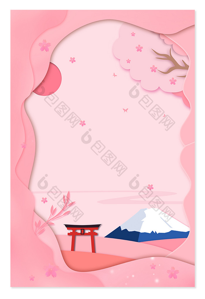 樱花季剪纸风富士山日本景点背景