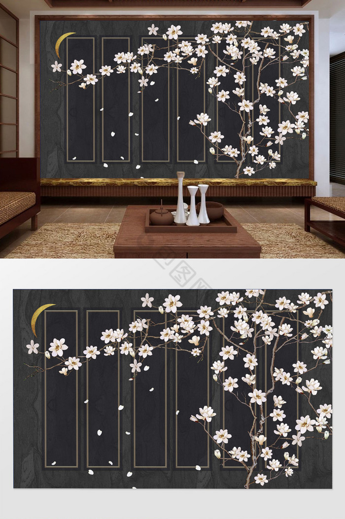 新中式唯美意境花枝落花弯月画框背景墙图片