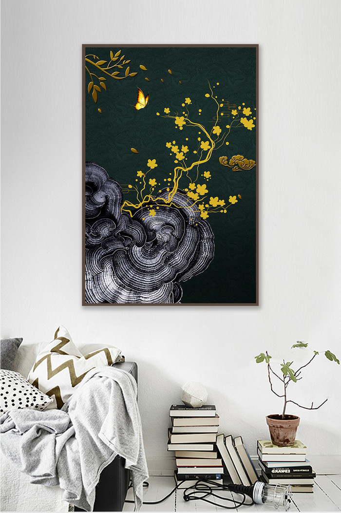 创意金色植物昆虫蝴蝶艺术装饰画图片