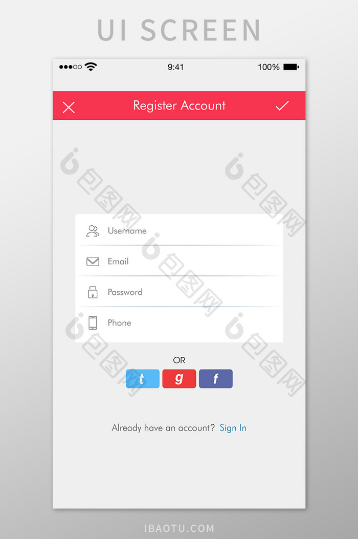 红色注册登录移动界面UI矢量素材