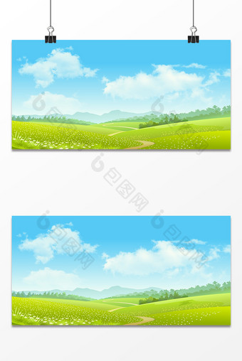 春天唯美绿色风景蓝天白云海报背景图图片
