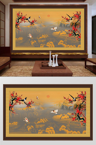 新中式梅花山水国画客厅电视背景墙图片