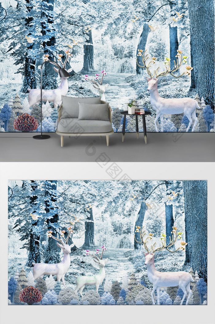 北欧简约森林麋鹿客厅卧室背景装饰画
