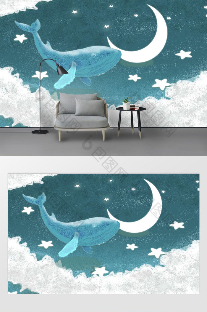 3D手绘梦幻卡通鲸鱼客厅背景墙