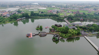 航拍湖南湘乡东山岛茅浒水乡