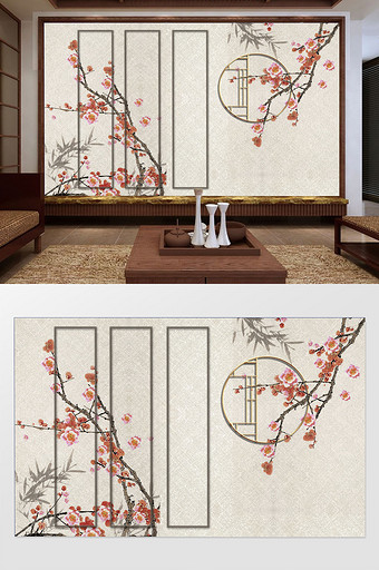中式意境画框花窗冬梅花枝背景墙图片