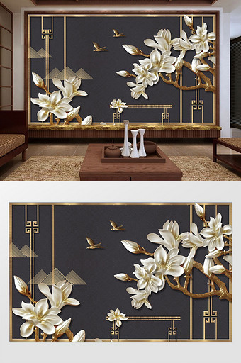 中式新古典创意铁艺屏风条案花枝浮雕背景墙图片