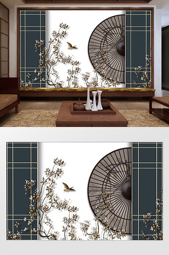 新中式屏风花枝古典扇子浮雕背景墙图片