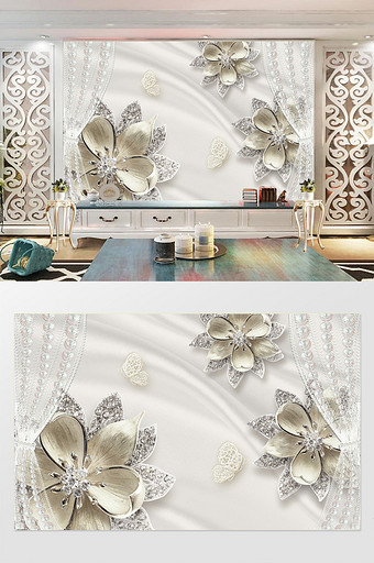 现代梦幻3d珍珠帷幔钻石珠宝花朵背景墙图片
