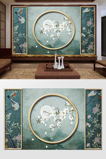 新中式古典意境工笔花鸟金属屏风背景墙图片