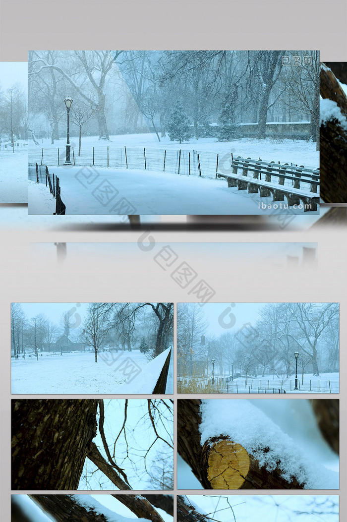 4K实拍下雪天公园里的树木和长廊