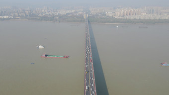 航拍江苏南京城市交通长江大桥