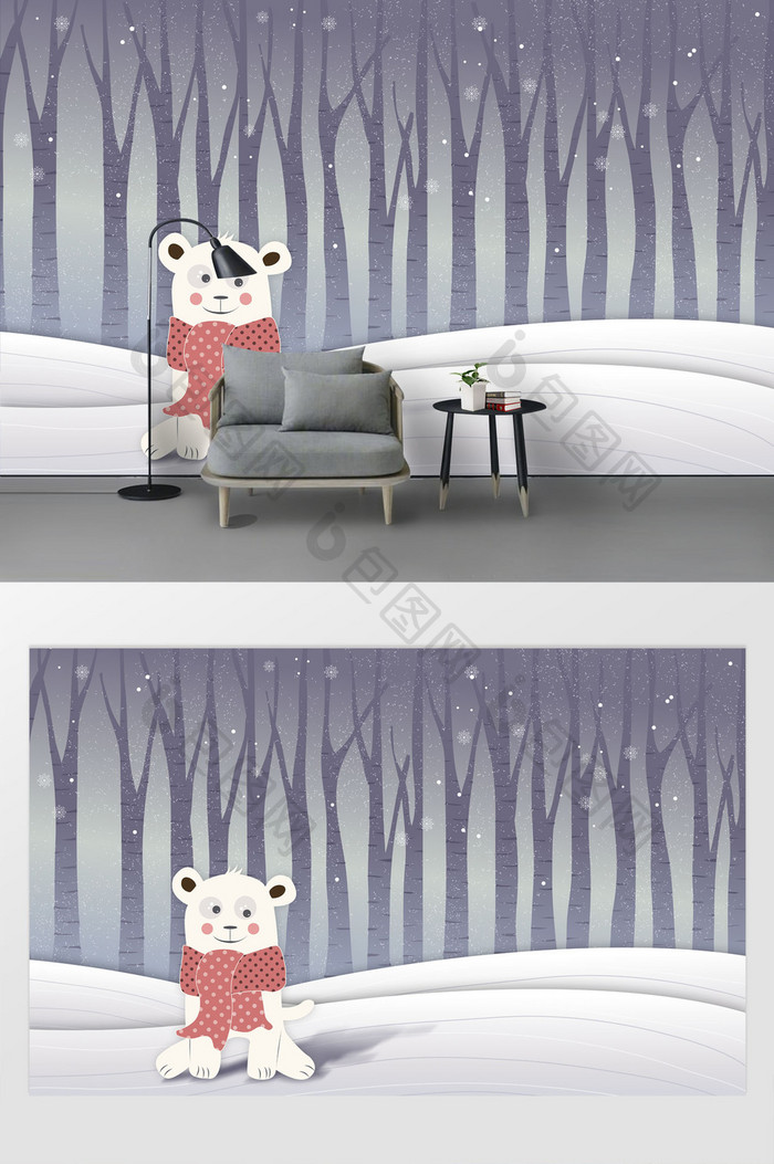 现代简约紫色森林卡通熊雪地雪花儿童房背景